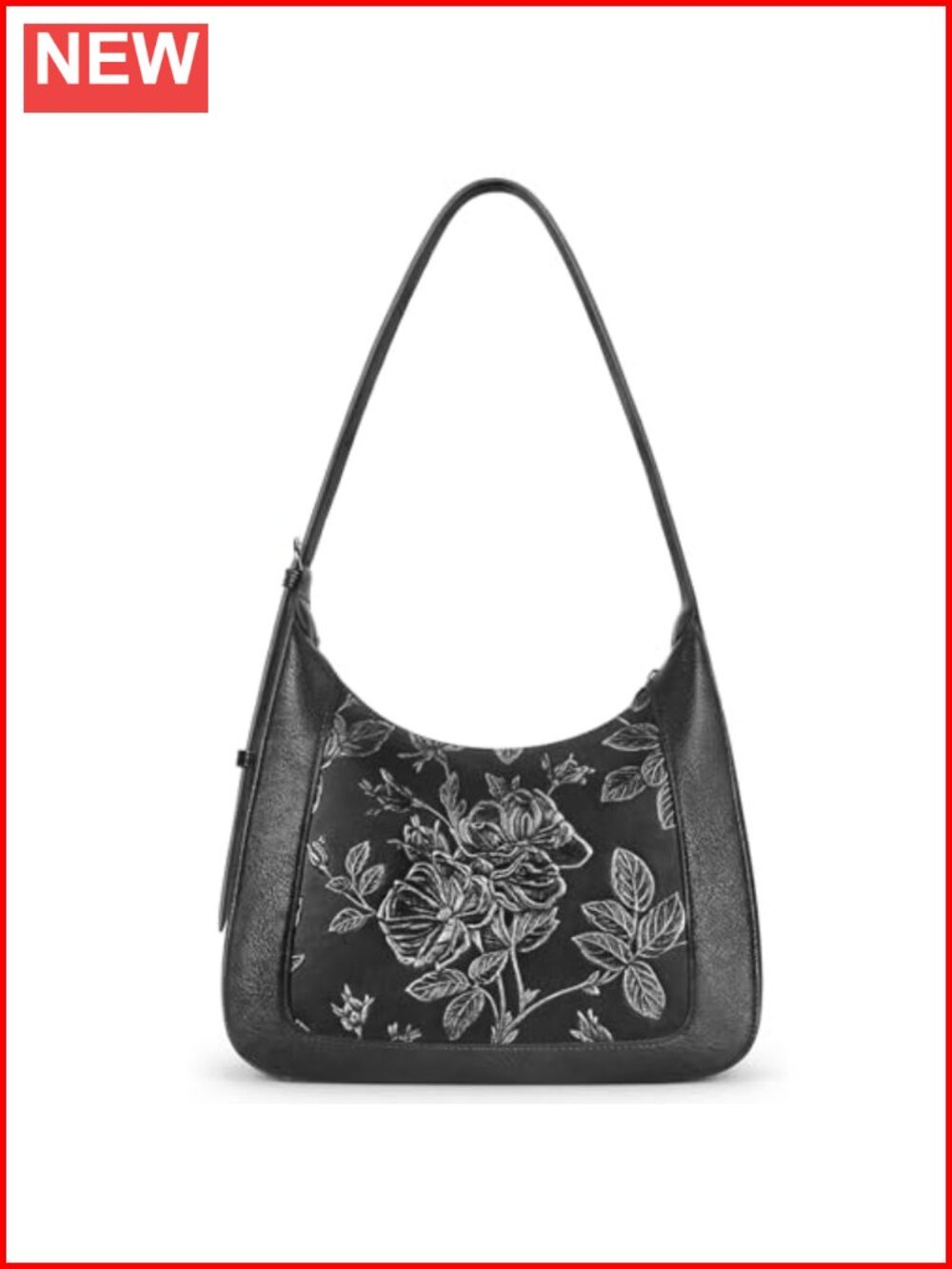Vegan Leather Crescent Shoulder Bag Floral Embossed Women's Purse